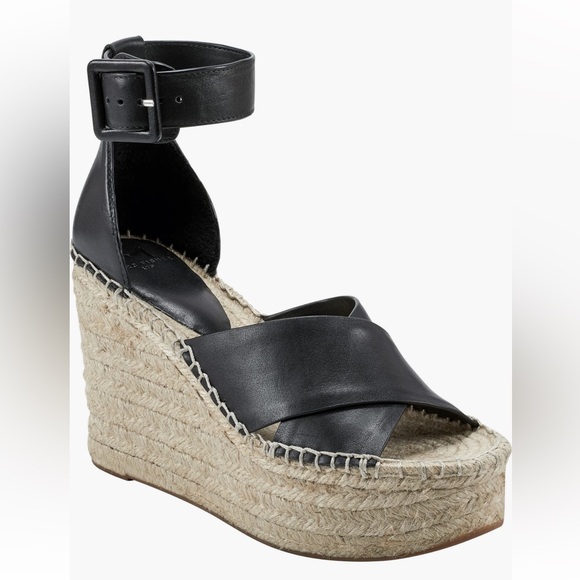 MARC FISHER ❤️🔥 BLACK LEATHER ESPADRILLE PLATFORM WEDGE NWT SIZE 10 - Picture 1 of 9
